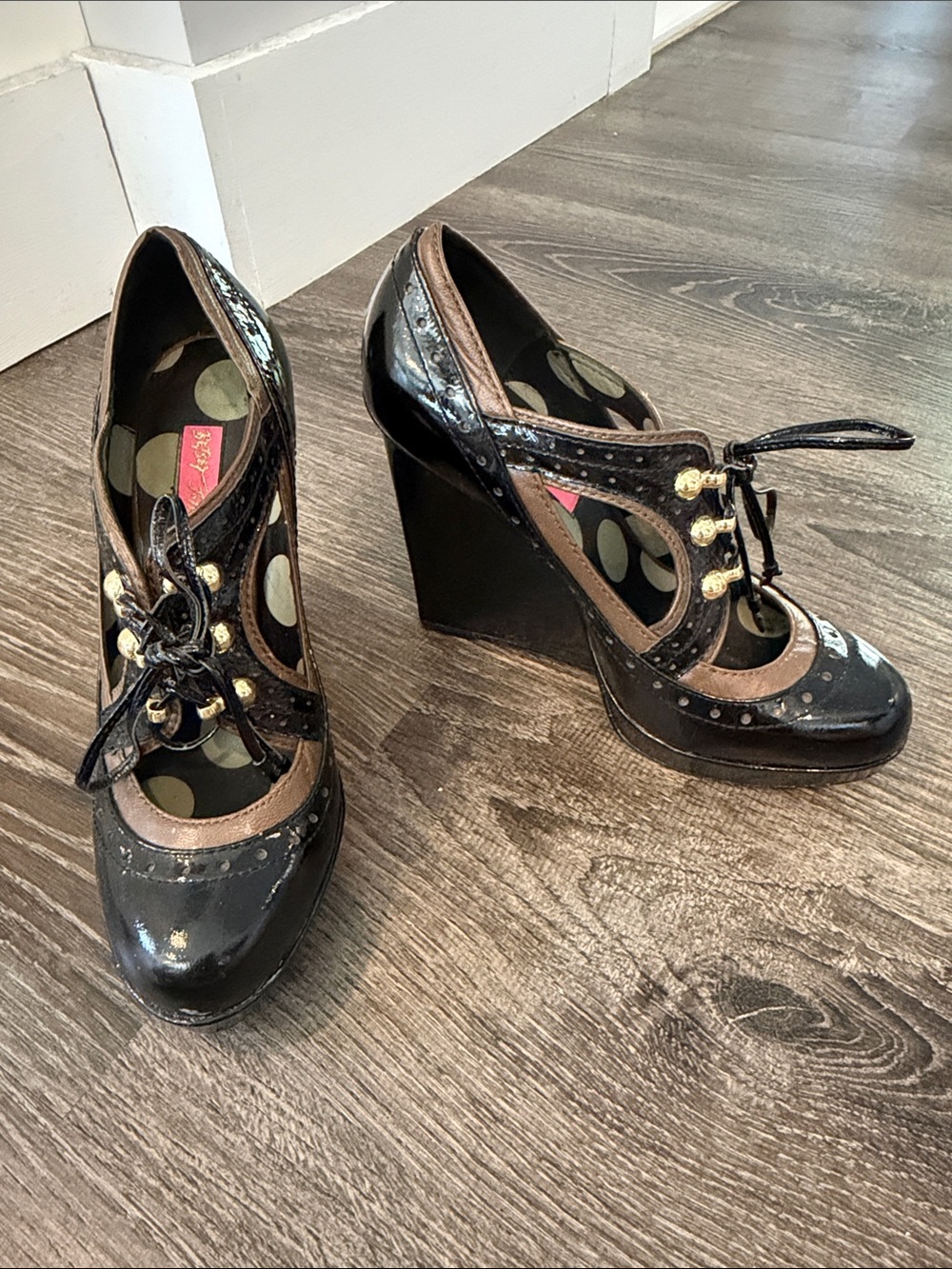 Betsey Johnson Black Patent & Brown Trim Lace-Up Heels - Picture 3 of 7
